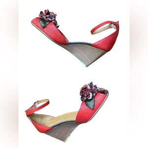 Hispanitas Made in Spain Red Wedge Shoe w Floral Accent and Ankle Strap